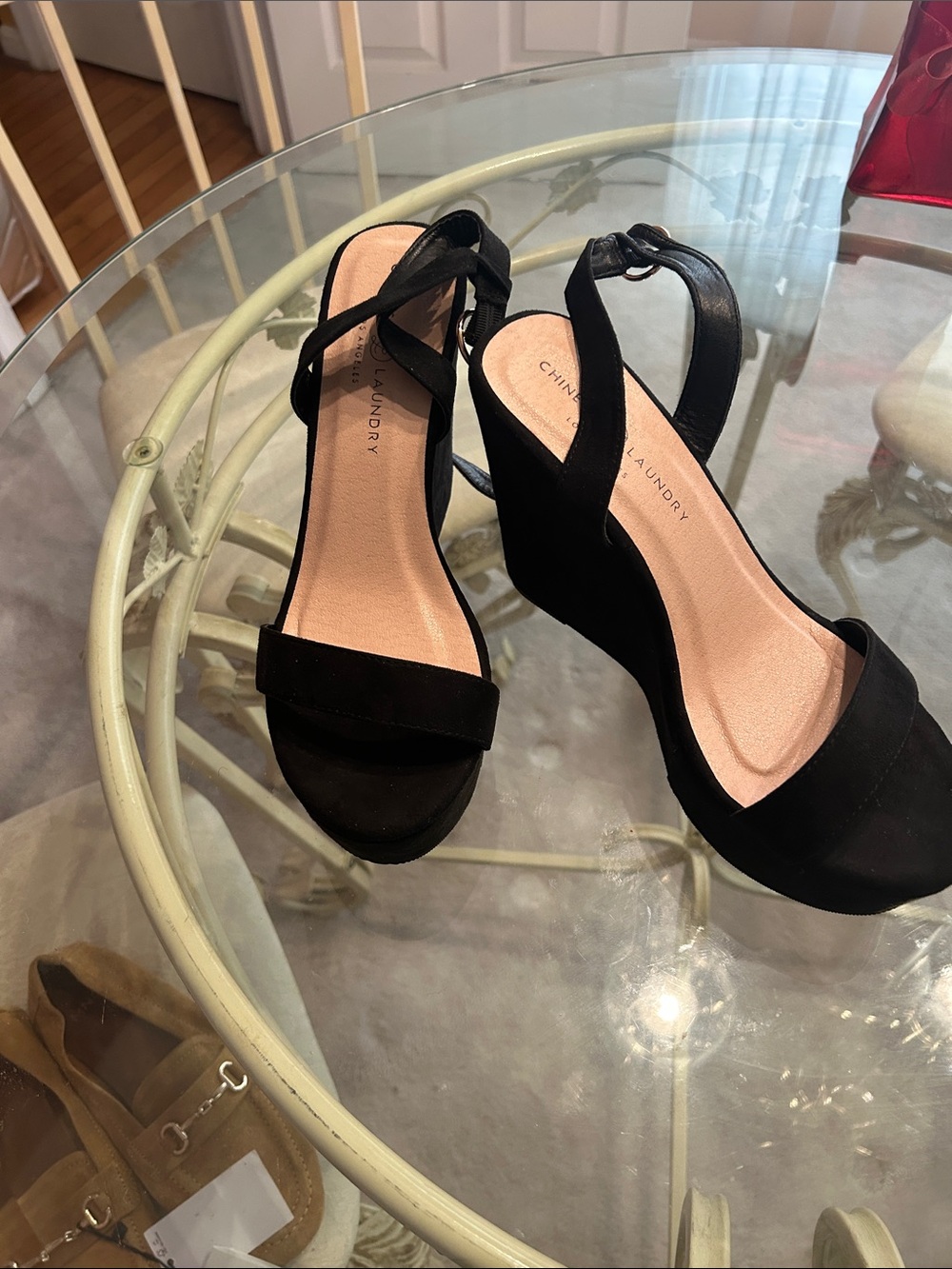 Chinese Laundry Black Suede Wedge Sandals
